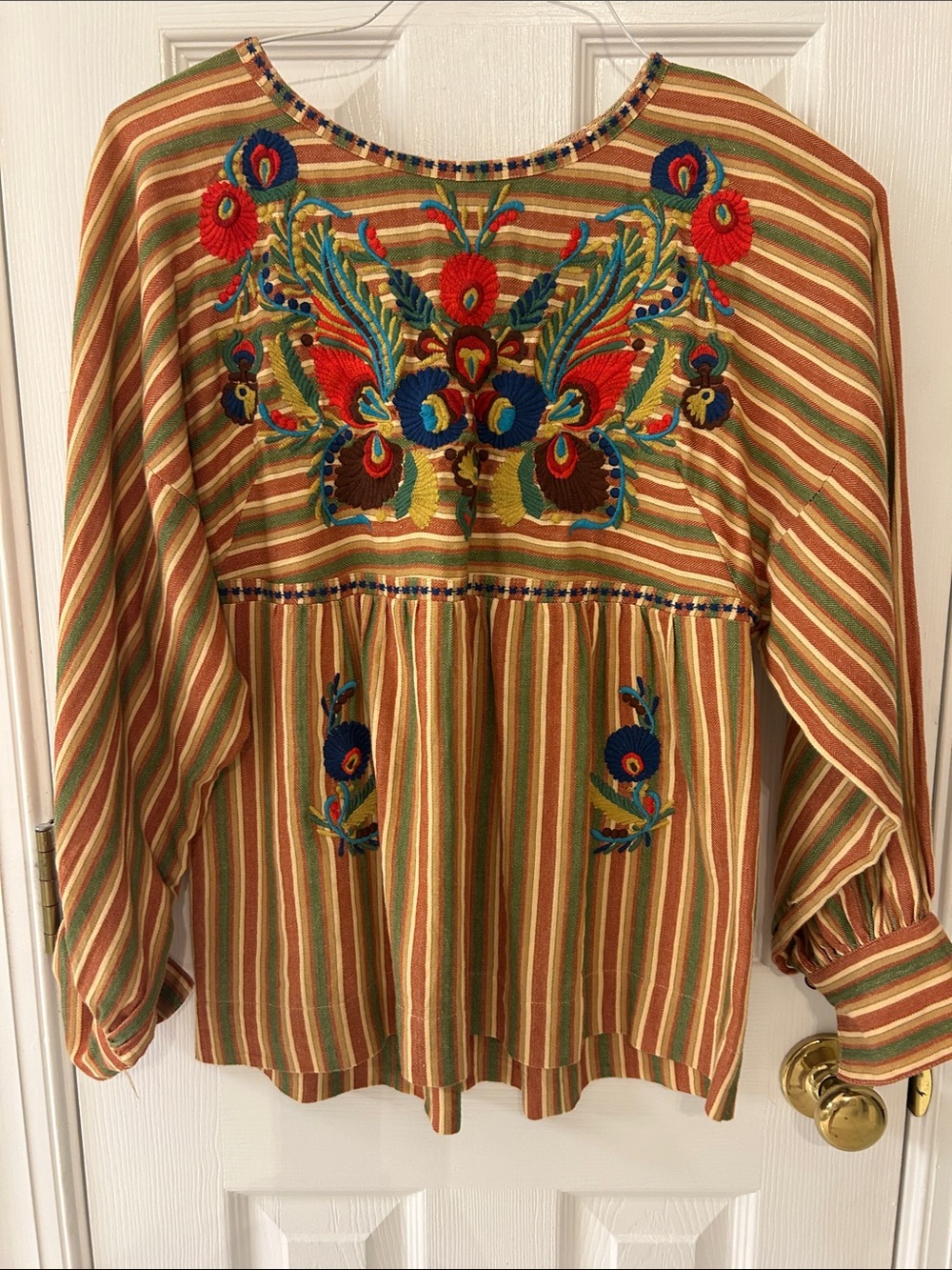 ivy jane Striped Embroidered Peasant Top - Rust, Green, Blue